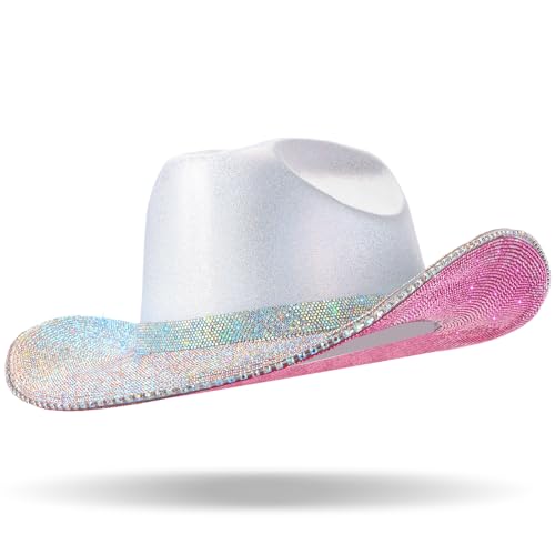 Image of Hercicy Rhinestone Cowboy Hat with Diamond Fringe CowHat for Cosplay Wedding circumference between 21.5 and 23.5 inches