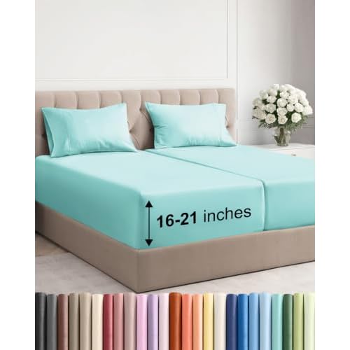 Extra Deep Pocket Split King Sheet Set - Breathable & Cooling - Spa Blue