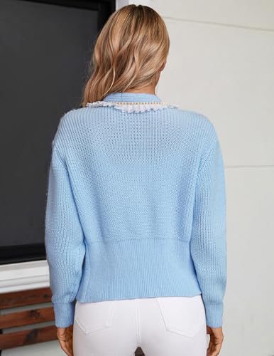 Image of Libsorge Womens Oversized Ladies Dressy Casual Cute Lace Pearl Button Cardigan Fall Winter 2024 Spring 2025 Trendy Lightweight Ribbed Knit Sexy V Neck Long Sleeve Sweater Cardigans Blue L