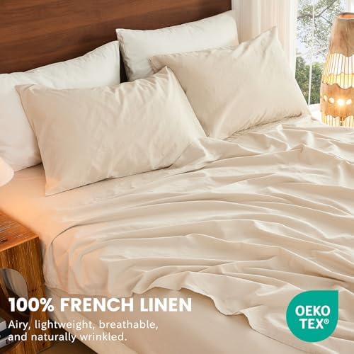 Bedlifes 100% French Linen Sheets King Size 18-24”Extra Deep Pocket 4-Piece Set Breathable & Moisture-Wicking,Soft & Durable Sheets for Thick Mattresses(Linen) - Thumbnail 3