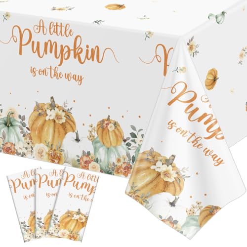 Image of 3 Pack Little Pumpkin Tablecloths, Fall Baby Shower Party Decoration | Gender Reveal Party Supplies A Little Pumpkin is On The Way Table Cover for Boy Girl Fall Thanksgiving 54 X 108In