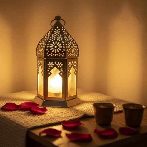 Image of Mini Metal Tea Light Lantern Set of 2 Yellow Candle Holder Home Decor | | Perfect for Living Room, Bedroom, Pooja Space, Festive Decor, Weddings, Housewarming & Gifting Ideal for Diwali, Wedding
