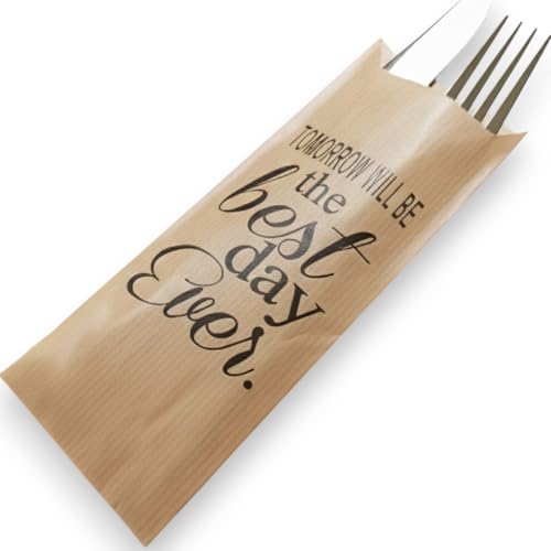 Tomorrow Will Be The Best Day Ever Rehearsal Dinner Silverware Bags - Utensil Holders for Wedding Rehearsal Dinner - Silverware Holder Bag - Pocket Sleeves - Flat 2.8" x 7.5" - Pack of 50