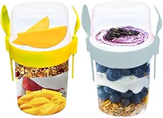 VL 2PCs Yogurt Pots Reusable 1100ml Yogurt Container with Spoon & Fork BPA free Breakfast Pots to GO Muesli Cereal On the Go Dishwasher Safe Lunch Box Oatmeal Jars, Set of 2 (Grey, Yellow)