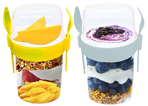 4All Reusable BPA Free 1100ml Museli Pots with Fork & Spoon Pastic Cereal Yogurt Cup On the Go for Overnight Oats Pasta Jar Dishwasher Safe Set of 2 Grey,Yellow
