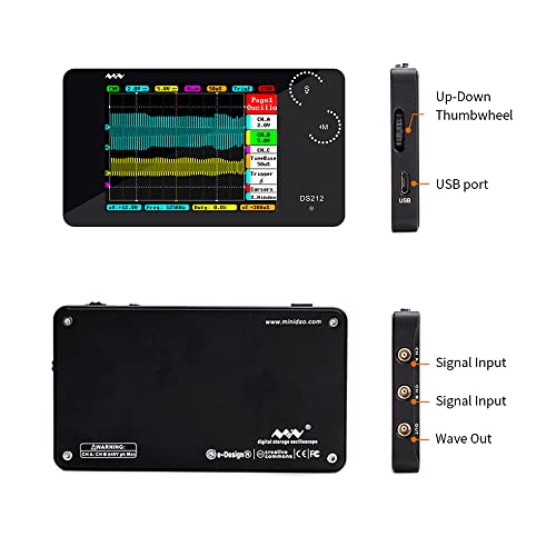 Miniware Pocket Oscilloscope Ds212, Portable Oscilloscope Mini Size Handheld, Built-In Rechargeable Battery, 2 Channels, 1Mhz Bandwidth, Entry Level Oscilloscope For Beginner #TOP1