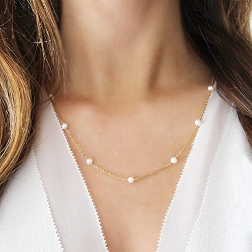 Gold Dainty Necklace For Women Gold Plated Cute Tiny Pearl Necklace Simple Pearl Choker Stainless Steel Gold Chain Necklace Gifts For Wedding Birthday Christmas #TOP3
