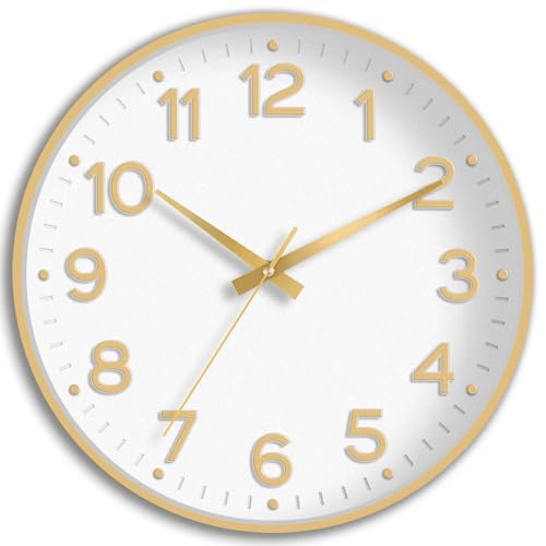 Image of Roymnie Wall Clock 12 Inch Silent Wall Clocks Battery Operated-Modern Non Ticking Analog Clock Decorative for Kitchen Bedroom Office (White Gold)