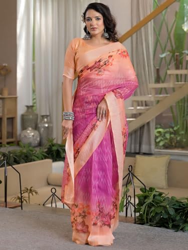 Image of Satrani Women's Linen Printed & Embroidery Ready To Wear Saree with Unstitched Blouse Piece