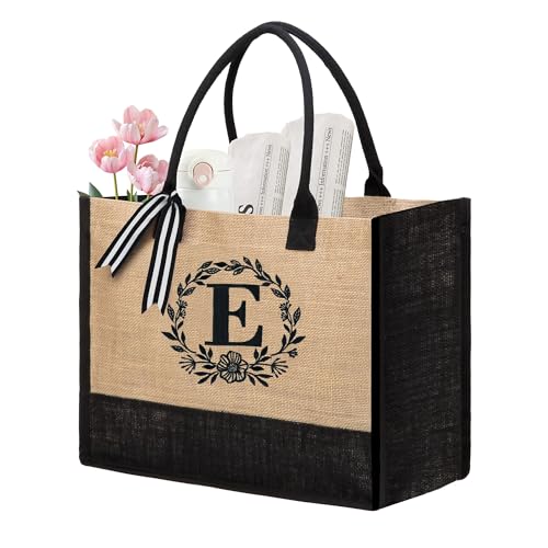 Image of BeeGreen Jute Tote Bag with Pocket & Initial Tote Bag for Women - Beach Thank You Gift Bags: Personalized Monogrammed Gifts for Women, Gift for Friends, Mother, Sister & Birthday Bridal Shower