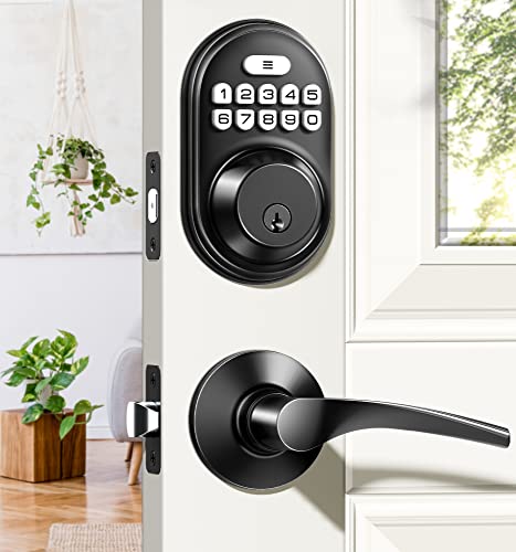 Veise Keyless Entry Door Lock With 2 Lever Handles - Electronic Keypad Deadbolt, Auto Lock, Back Lit & Easy Installation Design, Front Door Handle Sets,Matte Black #TOP8