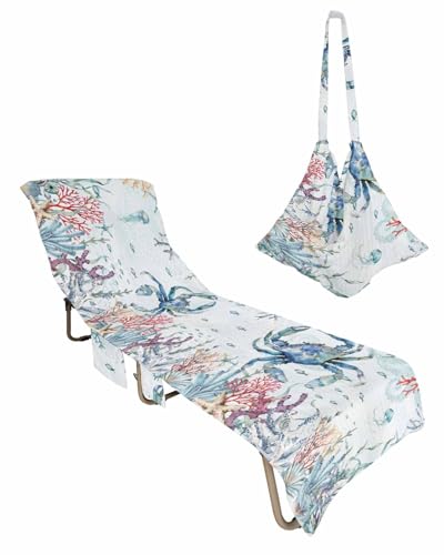 Coastal Crab Beach Chair Towel Covers for Chaise Lounge with Side Pocket, Soft Plush Pool Towels Cover for Patio Sunbathing Outdoor Nautical Starfish Jellyfish Coral Ocean Seaweed 29''x85''