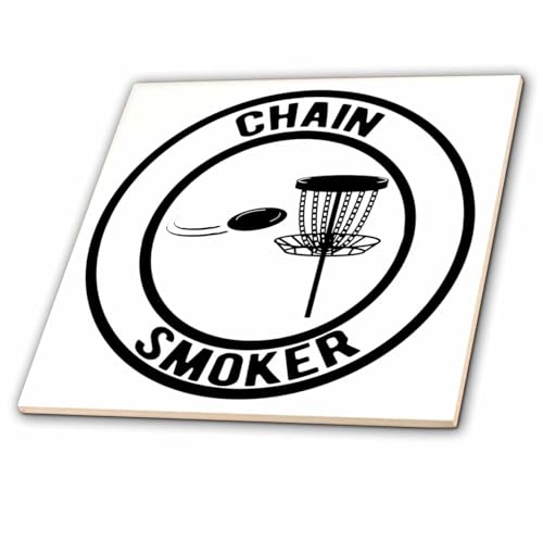 8 Inch Glass Tile - Chain Smoker in a Circle with disc Golf Basket and disc on White. Stamp City - Typography - disc Golf