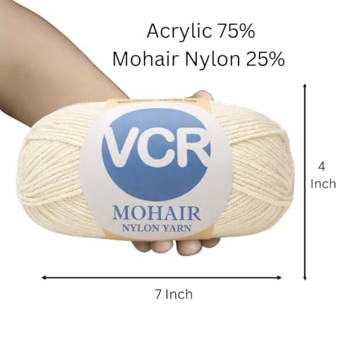 Image of VCR Mohair Nylon Cream White Yarn, 100 Grams Hank, 196 Meters Length, Acrylic 75%, Mohair Nylon 25%, Pack of 1 Yarn, Soft Crosia Threads, Suitable for Winter Garments.
