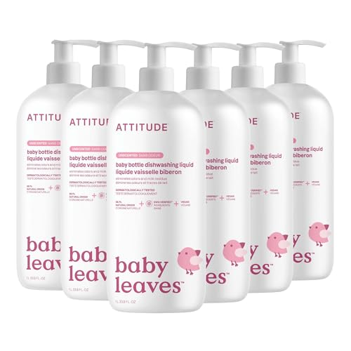 Image of ATTITUDE Baby Bottle & Dish Soap, EWG Verified Bottle Cleaner, Fragrance Free & Dye Free, Removes Milk Residue & Grease, Vegan, Unscented, 33.8 Fl Oz (Pack of 6)