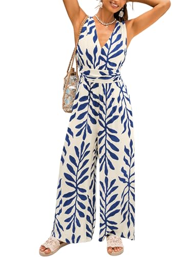 CUPSHE Women's Summer Tropical Jumpsuit Wide Leg V Neck Sleeveless