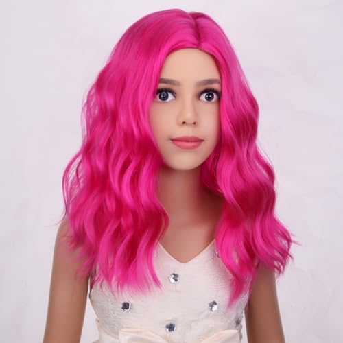 Image of PATTNIUM Kids Child Hot Pink Wig Short Wavy Neon Pink Wig for Girls Magenta Wigs Heat Resistant Synthetic Wigs