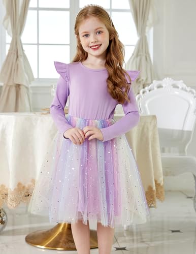 Arshiner Toddler Girls Tutu Dresses Long Sleeve Ruffle Fall Winter Holiday Star Sequin Tulle Dress 2-6Y2
