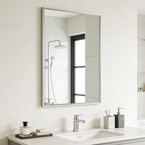 Bathroom Mirror for Wall 20x30 Inch Metal Framed Mirror Brushed Nickel Rectangle Mirror Bathroom Vanity Mirror Farmhouse Tempered Glass Anti-Rust Hangs Horizontally or Vertically