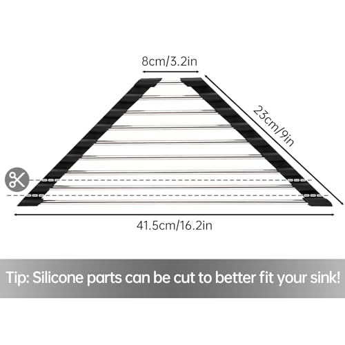 Tomorotec Foldable Stainless Steel Triangle Roll-Up Dish Drying Rack for Small Sink Corners - Over-The-Sink Multipurpose Kitchen Drainer, Rustproof Organizer, Trivet and Shelf - Space-Saving (Black)