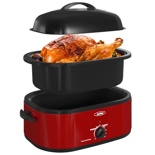 Sunvivi Roaster Oven with Self-Basting Lid,18 Quart Electric Roaster with Removable Pan & Rack,150-450°F Full-Range Temperature Control with Defrost/Warm Function,Stainless Steel,Red