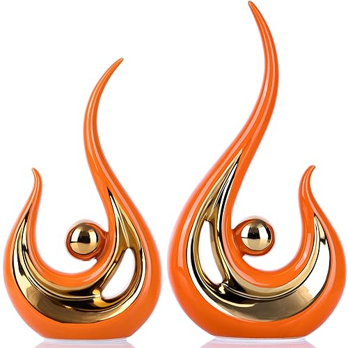 XMGZQ 2pcs Orange and Gold Modern Abstract Art Statue Table Decoration,Elegantes Ceramic Statue for Home Décor Accent,Mantel,Bookshelf,Centerpiece Table Decorations for Dining Room,adornos para sala