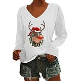 Damen T-Shirt mit Rundhalsausschnitt, lockere Passform, lässige Oberteile, einfarbig, modisch, langärmelig Kurze Latzhose Damen (White, S)