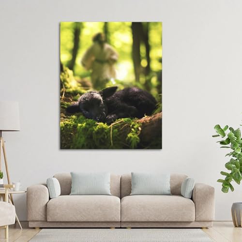 Image of Jesus and Lamb Canvas Wall Art Jesus Runs for the Lost Sheep In Summer Forest Picture Wall Art Canvas Print Christian Home Decor 12x16 inch