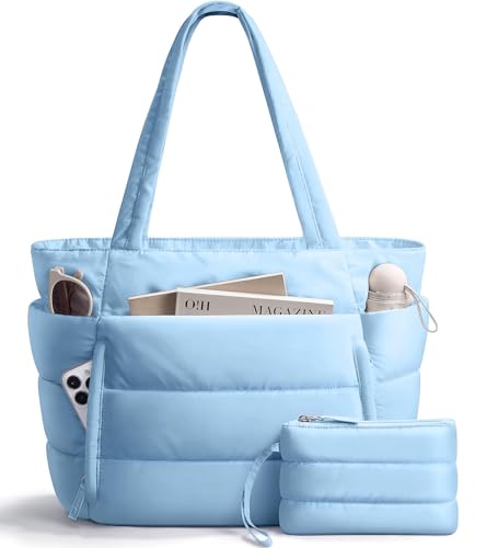 Image of Bagstellar Puffer Tote Bag for Women, Lightweight Puffy Work Handbag Teacher Nurse Quilted Shoulder Bag for School Travel Gym | Cloud Bag w / Zipper