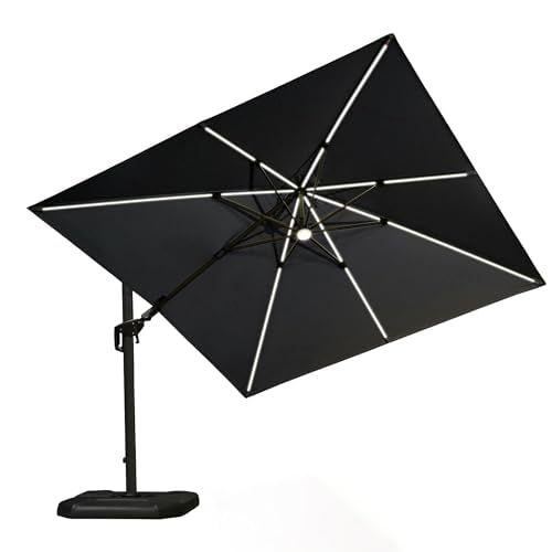 PURPLE LEAF Sombrilla Terraza Exterior 3 x 3 m con Luz LED, Sombrilla Jardin Grande con Inclinación a Derecha e Izquierda, Rotación de 360° y 5 Ajustes de Inclinación, Tejido Protector UV 50+, Gris