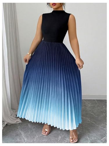 Image of SOLY HUX Women's Plus Size Summer Ombre Sleeveless Flowy Maxi Dress | Birthday, Pleated A Line, Mock Neck, Formal Outfits,Cocktail, Wedding, Graduation