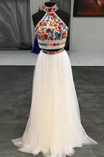 High Neck Halter Long Prom Homecoming Dresses 2 Two Piece Coloful Flower Embroidered Aline3