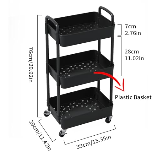 Image of Sywhitta 3-Tier Plastic Rolling Utility Cart with Wheels for Storage,Black | Multi-Functional Storage Trolley, for Office, Living Room, Kitchen, Bathroom,Movable Organizer,Space-Saving,Easy to assemble