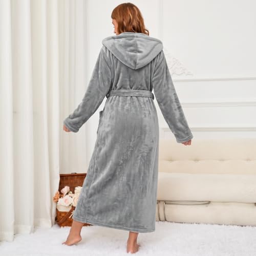 Image of RONGTAI Womens Robes Plush Fleece Hooded Bathrobe Thick Nightgown with Pockets Fluffy Sleepwear