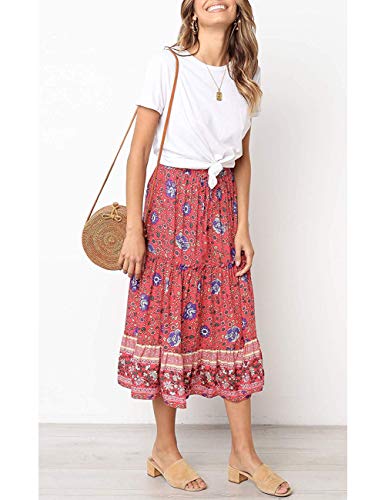 Merokeety Women's Boho Floral Print Elastic High Waist Pleated A Line Midi Skirt Red #TOP1