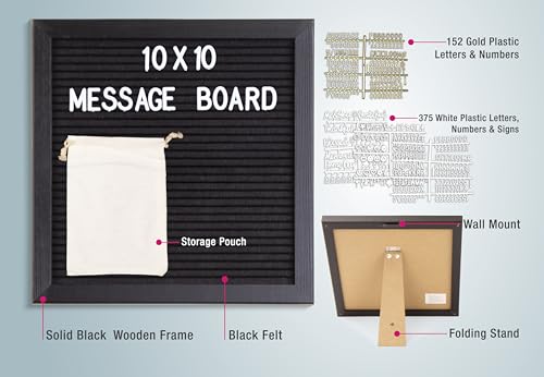 Real Wood Framed Felt Letter Board, Changeable Message Board, 10" x 10", Folding Stand and Wall Mount, 500+ Pieces of White & Gold Letters, Numbers, Words & Symbols, by Better Office Products - Image 2