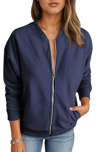 Timuspo Lässig Sweatshirt Damen Ohne Kapuze Praktische Leichte Jacke Trendige Moderne Bomberjacke mit Taschen Warm Sweatjacke Marineblau XL
