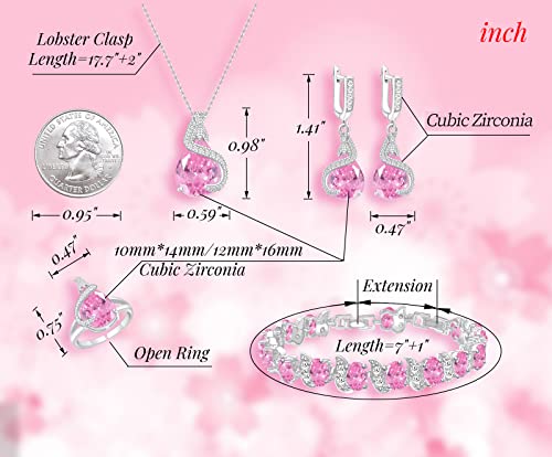 Gzwhd Pink Stone Jewelry Set For Women Water Drop Necklace Earrings Open Ring Bracelet Set Birthday Engagement Valentine's Day Gifts For Girls Mother Friends #TOP5