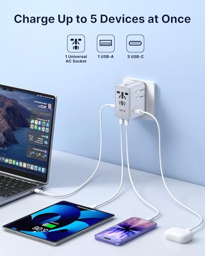 Image of VINTAR 70W GaN Universal Travel Adapter, 5 in 1 with 3 USB-C PD& 1 USB-A QC | International Power Adapter with 70W GaN Fast Charging, All-in-one for EU UK USA AUS, Worldwide Travel Essentials, White