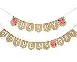 Whaline Happy Mother's Day Banner Rose Mothers Day Burlap Hanging Banner Garland Rustic Party Decoration for Mother's Day Birthday Indoor Outdoor Mantel Fireplace Decor Supplies