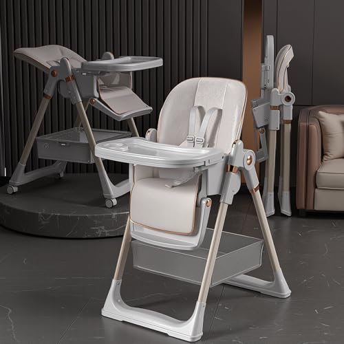 SmartEdge Baby High Chair, 3-in-1 Foldable High Chairs for Babies and Toddlers with Footrest Adjustment, 5 Height & 3 Recline & 4 Dining Tray Adjustable, 5 Point Harness, Lockable Wheels, White