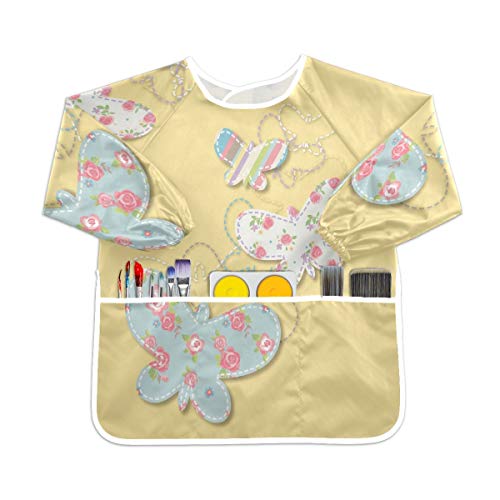 かわいいフラワーバタフライ幼児用キッズスモック子供用防水エプロンアートペインティングスモックよだれかけ3ポケット付き