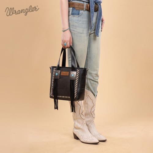 Image of Montana West Wrangler Cowhide Tote Bag for Women Western Tooling Handbag Leather Fringing with Turquoise Stone Concho