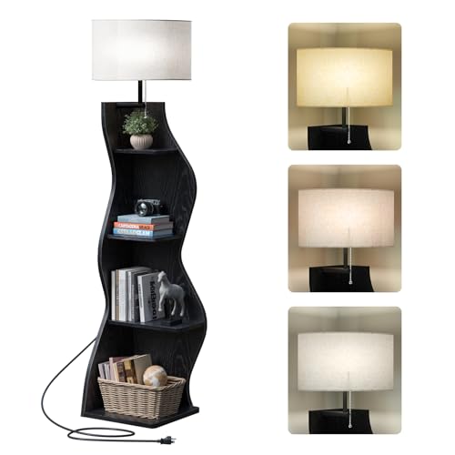 Image of Evermagin 4 Tier Corner Shelf with Light, 64'' Tall Corner Bookshelf with Unique Shape, Stylish Wavy Bookcase Tower with Storage Organizer for Small Space, Living Room, Bedroom (Black)