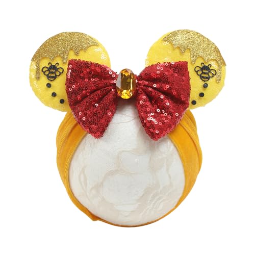 JIAHANG Baby Girl Mouse Ears Turban Headband with Bee, Yellow Sequin Bows Headwrap, Wide Hairband for Newborn Infant Toddler, Fashion Headwear Party Supplies