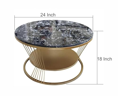 Image of Furniture Cafe Modern Round Coffee Table with Black Marble Look Top & Gold Metal Frame | 2 Tier Center Table with Storage Shelf | Luxury Accent Sofa Tea Table for Living Room, Bedroom, Balcony &Office