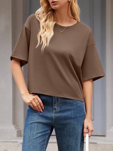 UNCLECAT Womens Oversized T Shirts Summer Short Sleeve Cropped Tops Workout Crewneck Causal Tee Coffee — view 4