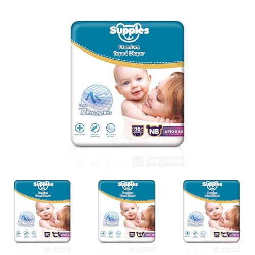 Image of Amazon Brand - Supples Premium Newborn Taped Diapers | Derma Tested, Extra Soft, High Absorbency with Wetness Indicator & Umbilical Cut Design, 12 Hrs Absorption | NB /XS | Up to 5 kg | 70 Count