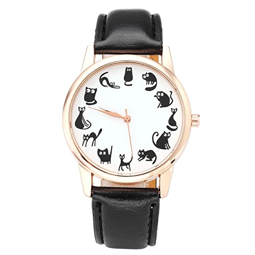 Top Plaza Fun Animal Series Twelve Cute Cats Scale Rose Golden Case PU Leather Strap Womens Girls Quartz Wrist Watch,Black