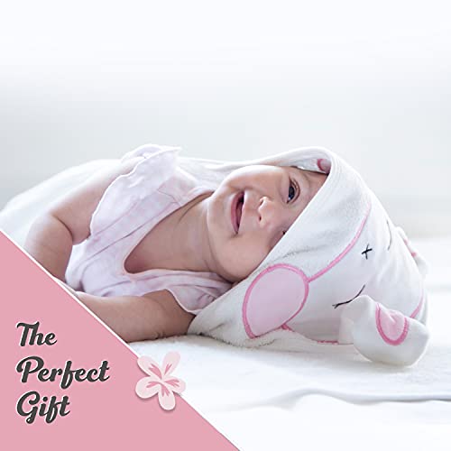 Image of Baby Gift Set - Newborn Gift Bag for Girls and Boys - Welcome Bundle with White Bunny Hooded Towel and Grey Floral Swaddle Blanket
